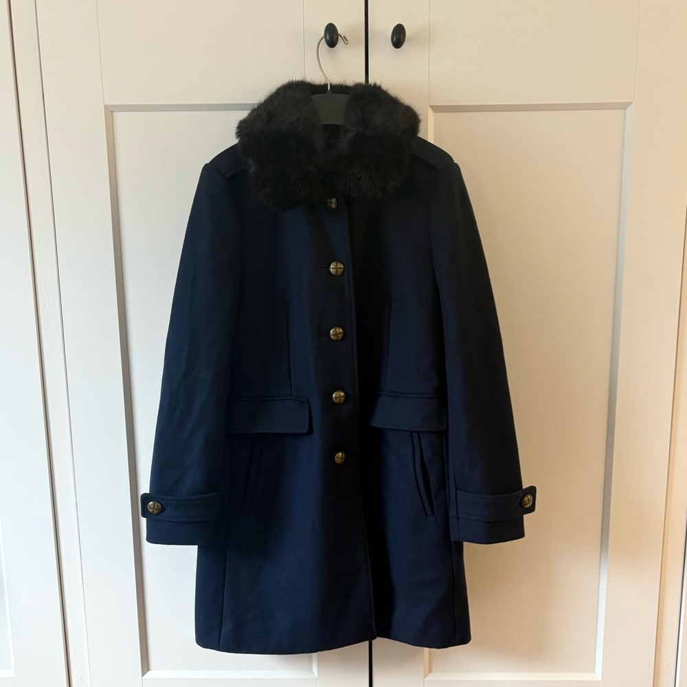 J.Crew Women’s Melton Wool Coat Faux Fur Collar Navy Sz 0P XS XXS